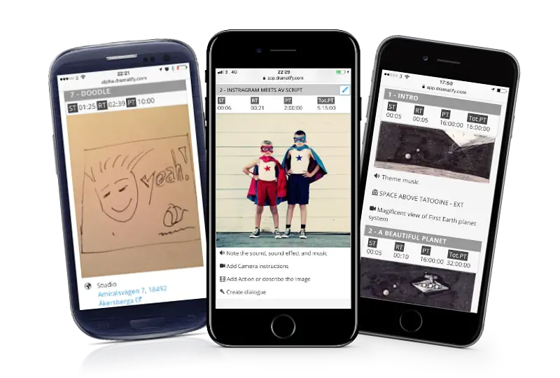 AV scripts for promos, social media, commercials & storyboards on your smartphone