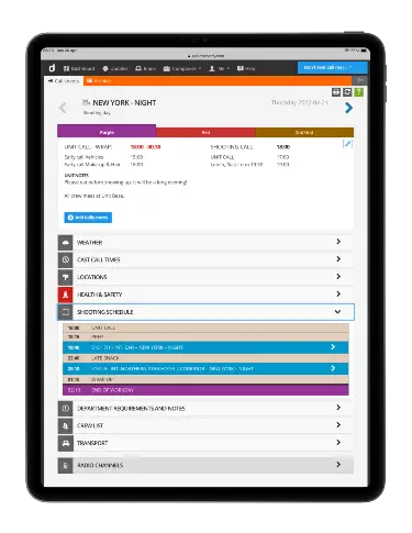 Call sheets for tablets for video, TV, VR, broadcasting, drama, film, entertainment, sports, music. documentaries, commercials, corporate video, social media video