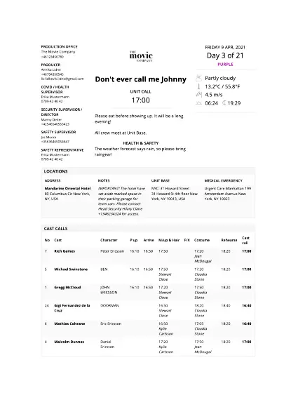 Printed call sheet template for video, TV, VR, broadcasting, drama, film, entertainment, sports, music. documentaries, commercials, corporate video, social media video