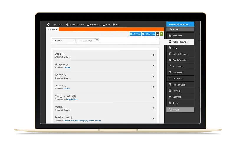 Share files, documents, folders & links with your team, cast & crew in productions for video, TV, VR, broadcasting, drama, film, entertainment, sports, music. documentaries, commercials, corporate video, social media video