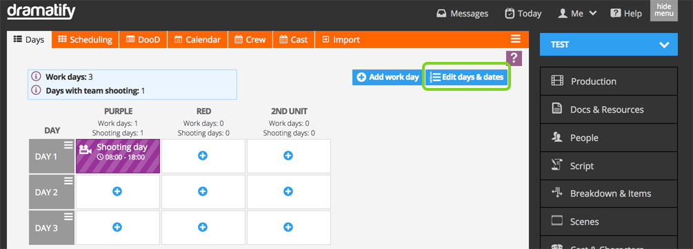 Scheduling. Bulk add dates to production days