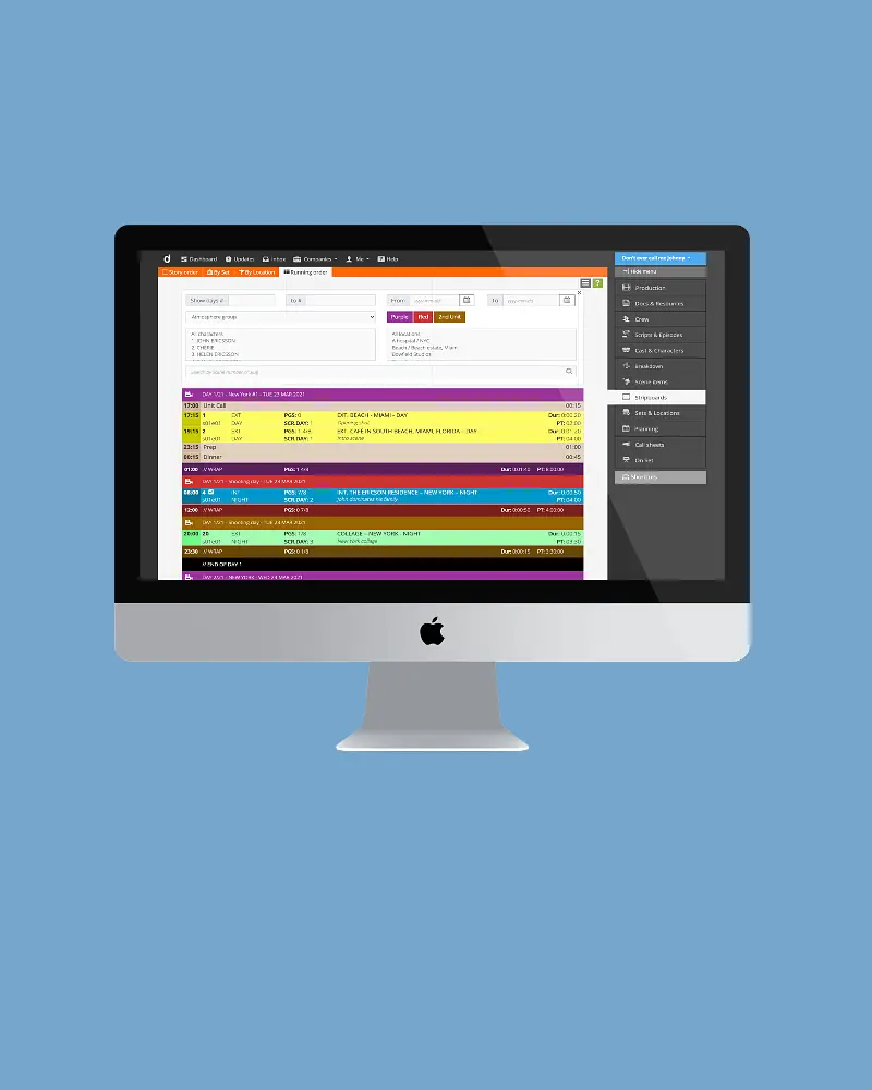 Running order stripboard for video, TV, film, drama, entertainment, commercials, VR and corporate video