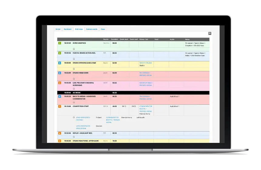 Rundown grid view for planning live and sports broadcasts and live streams including custom feeds and commentators.