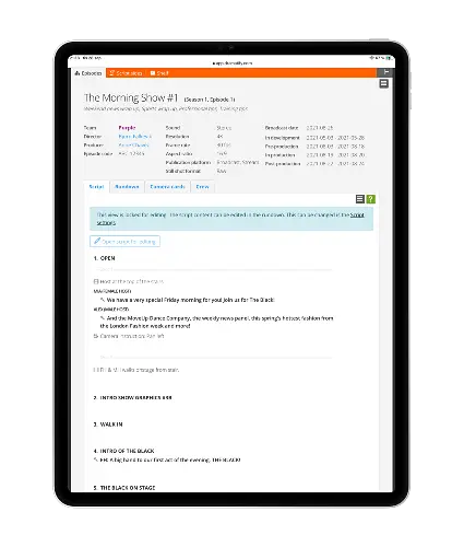Rundowns for live and studio shows for entertainment, music, sports, current affairs, talkshows with distraction-free scriptwriter view