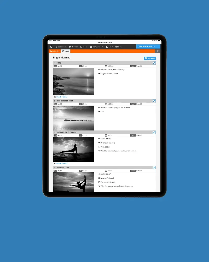 The overview production planner for video, drama, TV, commercials, sports, entertainment, corporate video
