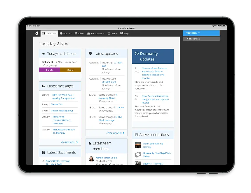 Automatic production updates in the dashboard for your video, TV, film, drama, entertainment, sports, commercials or corporate video production.
