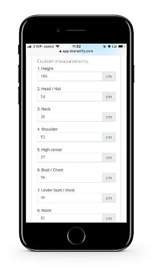 Cast wardrobe measurements on smartphone for video, TV, VR, broadcasting, drama, film, entertainment, sports, music. documentaries, commercials, corporate video, social media video