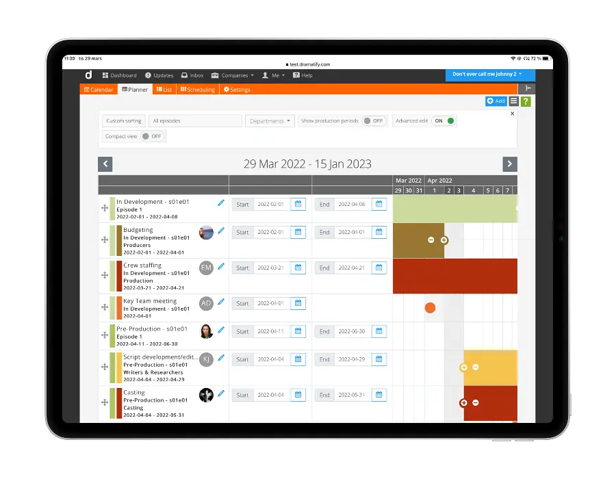 The production planner is a Gantt chart that helps schedule your video, TV or film production