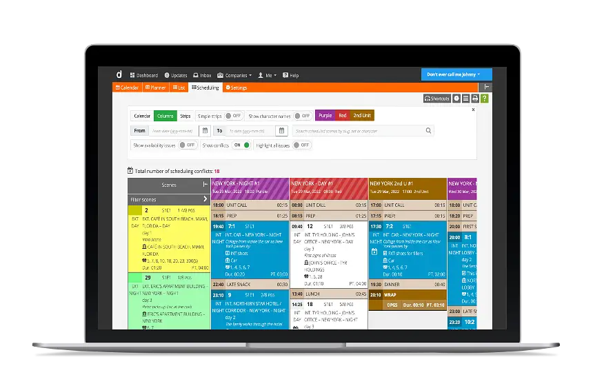 Shooting scheduling for film, drama, documentary & TV production - column view