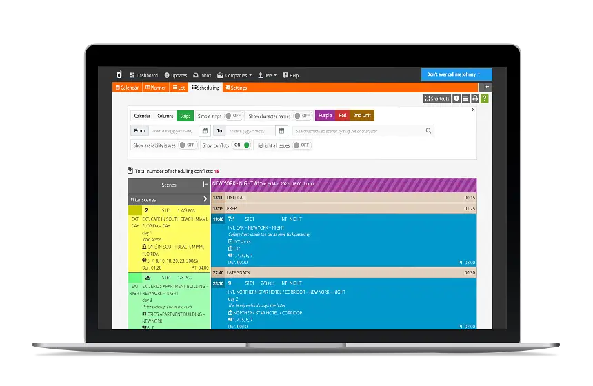Shooting scheduling for film, drama, documentary & TV production - stripboard view