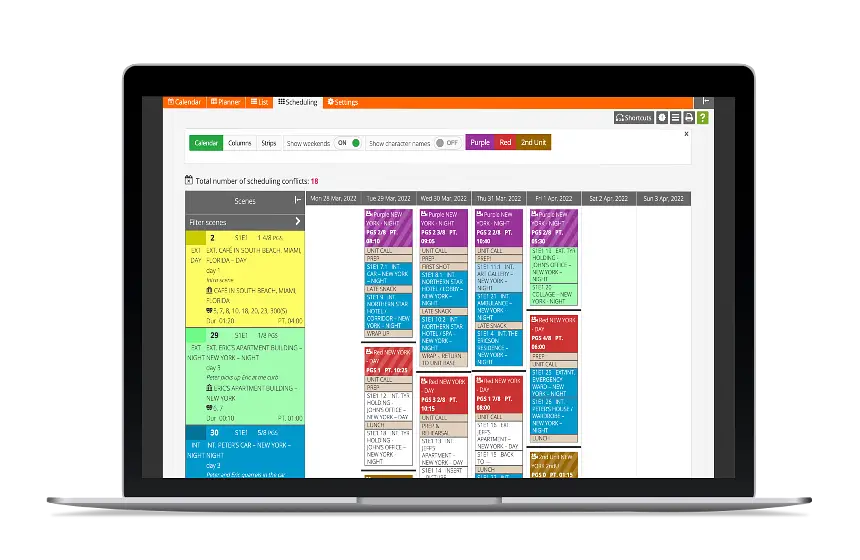 Shooting scheduling for film, drama, documentary & TV production - calendar overview