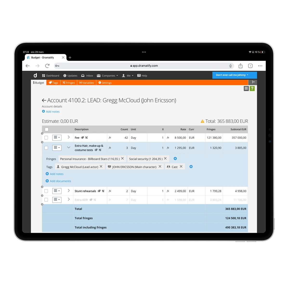 Film budgeting account detail page with notes and uploaded cost specifications.