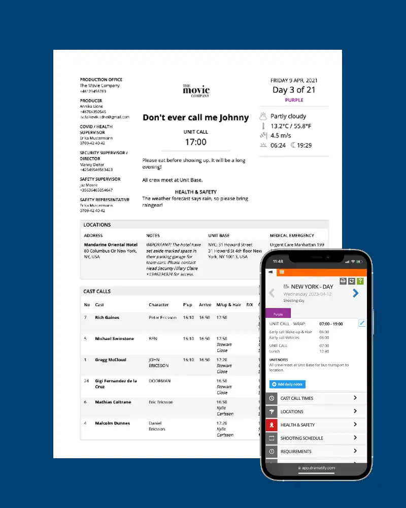 Use call sheets with or without the day planner