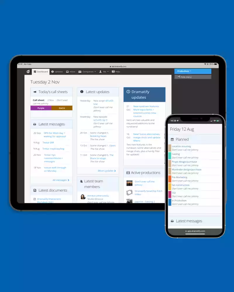 The Dashboard keeps you updated around all your productions in Dramatify