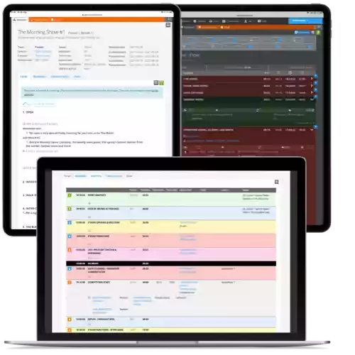 Rundown3devices Sports Broadcast Production interface showcasing three highlighted features for efficient and collaborative workflows.
