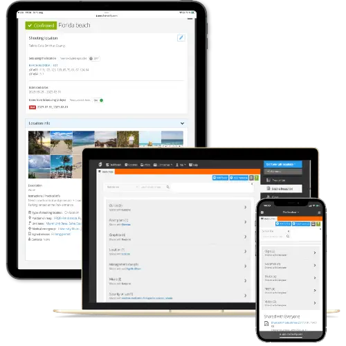 "Film production team members accessing shared documents and resources on a digital platform, illustrating the centralized and streamlined capabilities of Dramatify's film production software