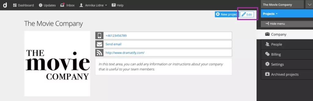 Edit company information in Dramatify