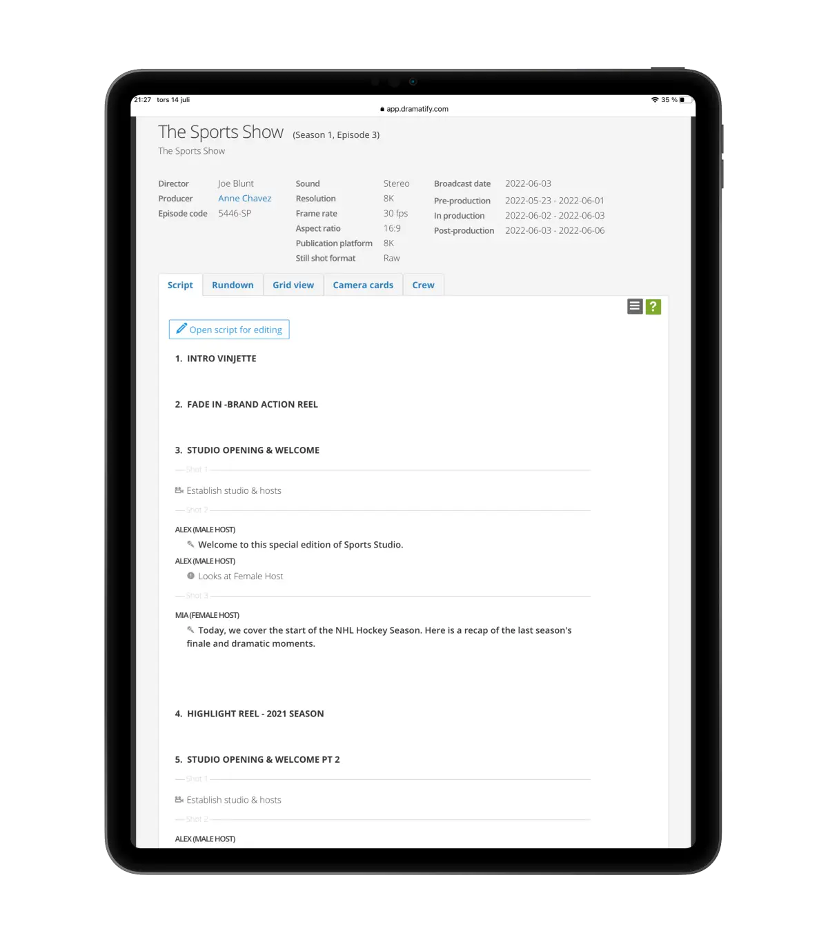 Scriptwriter view of Dramatify's rundown format