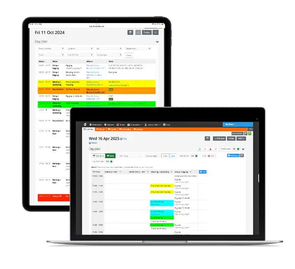 Daily production schedules for film, TV; video and broadcasting.