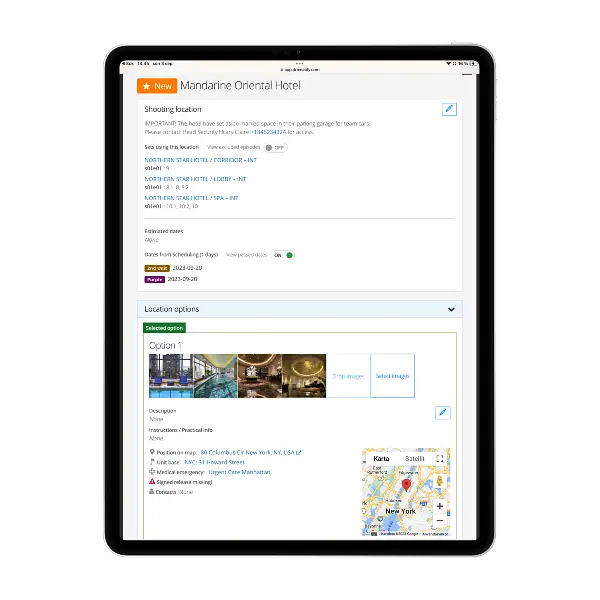 A creative production planning tool for film, TV, video & broadcasting that includes location management