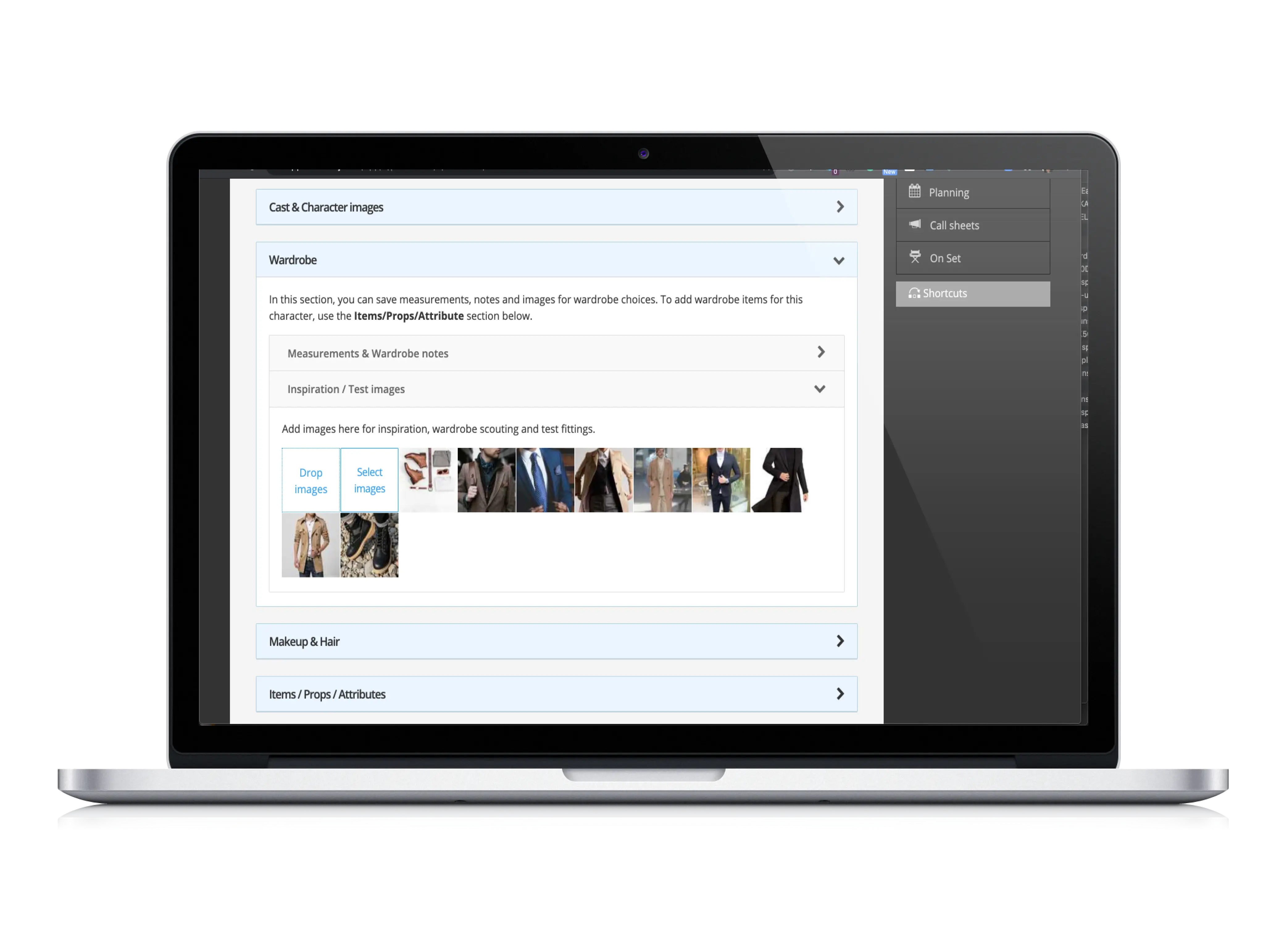 Wardrobe for film, TV, broadcasting & video is managed in Dramatify's creative production platform.