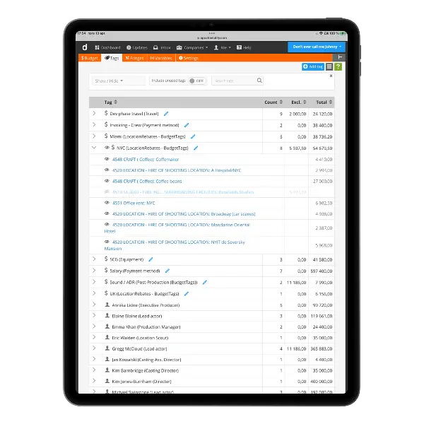Dramatify's production management budgeting solution includes cost tagging
