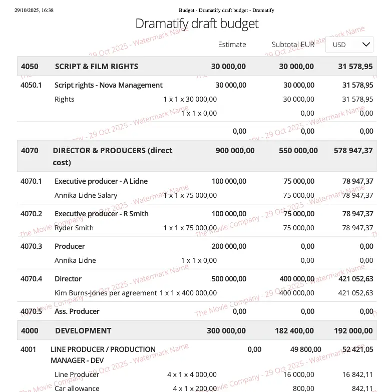 Dramatify offers watermarked budget prints in our broadcast production management solution.