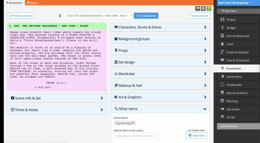 Script breakdown, adding an animal as a scene item