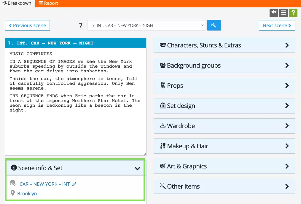 Add and edit sets in the script breakdown.