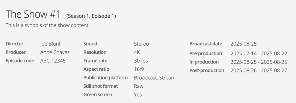 The episode header with useful production information.