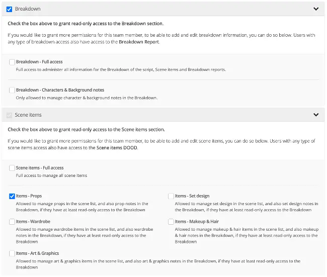 Set partial access to script breakdown