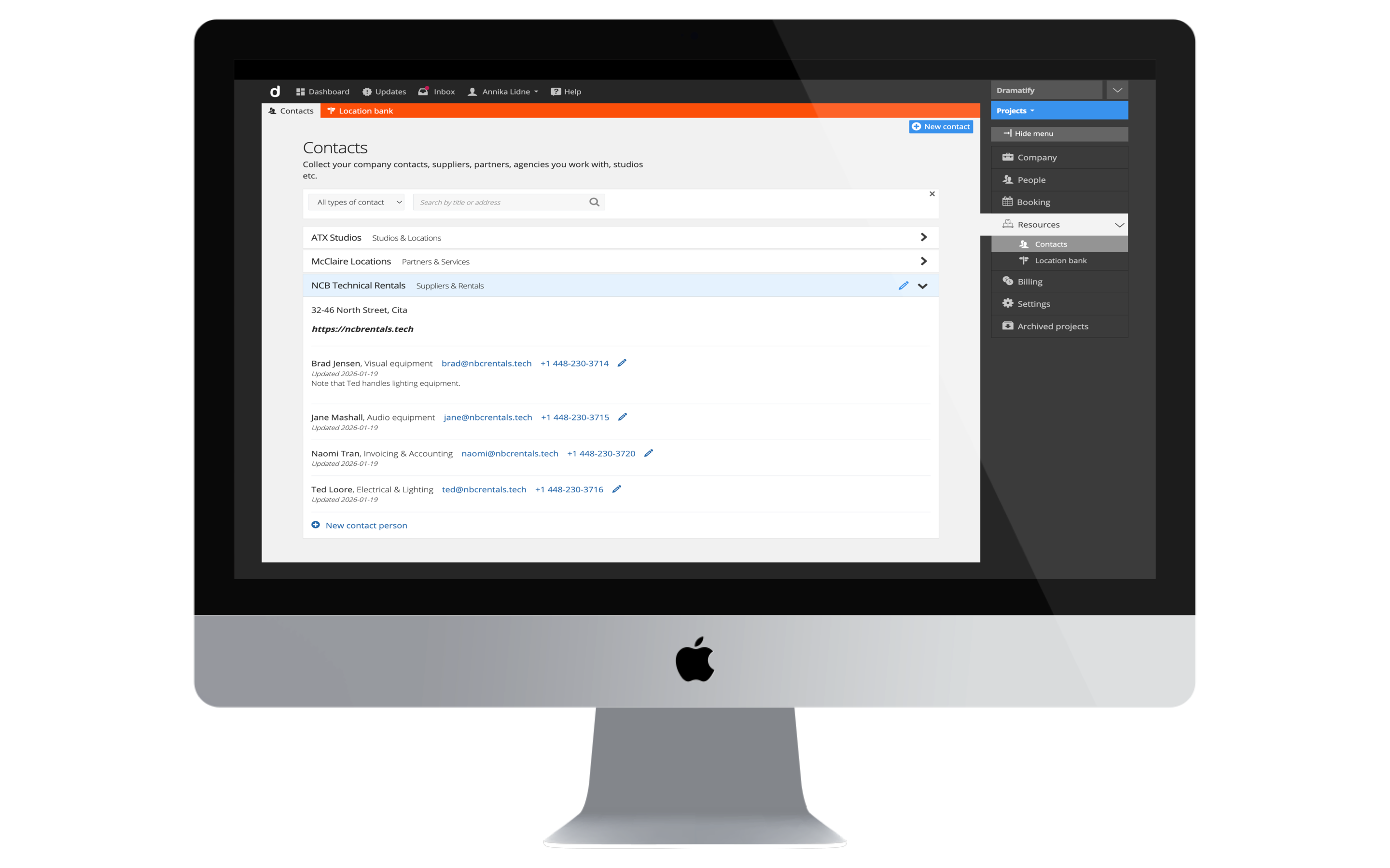 Production contact management software for film, TV, video and broadcasting companies