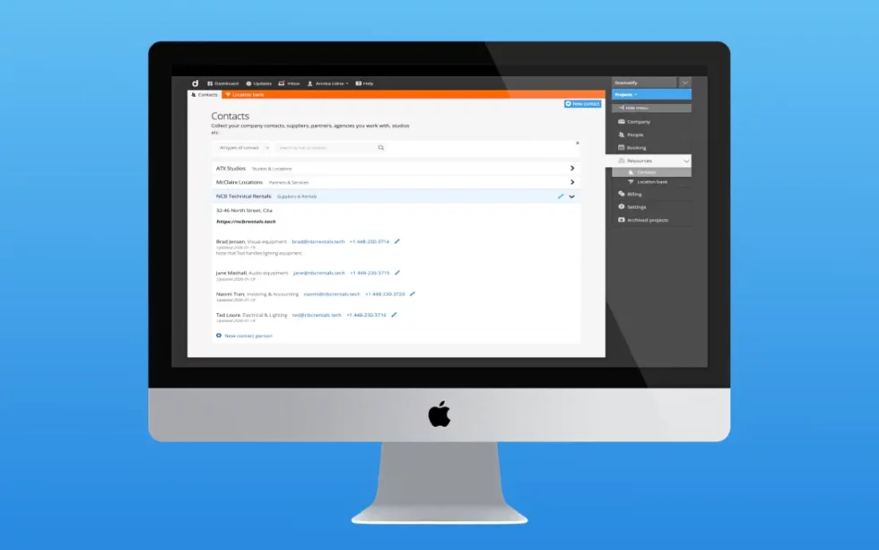Dramatify's automated Production Contact Manager for film, TV, video & broadcasting