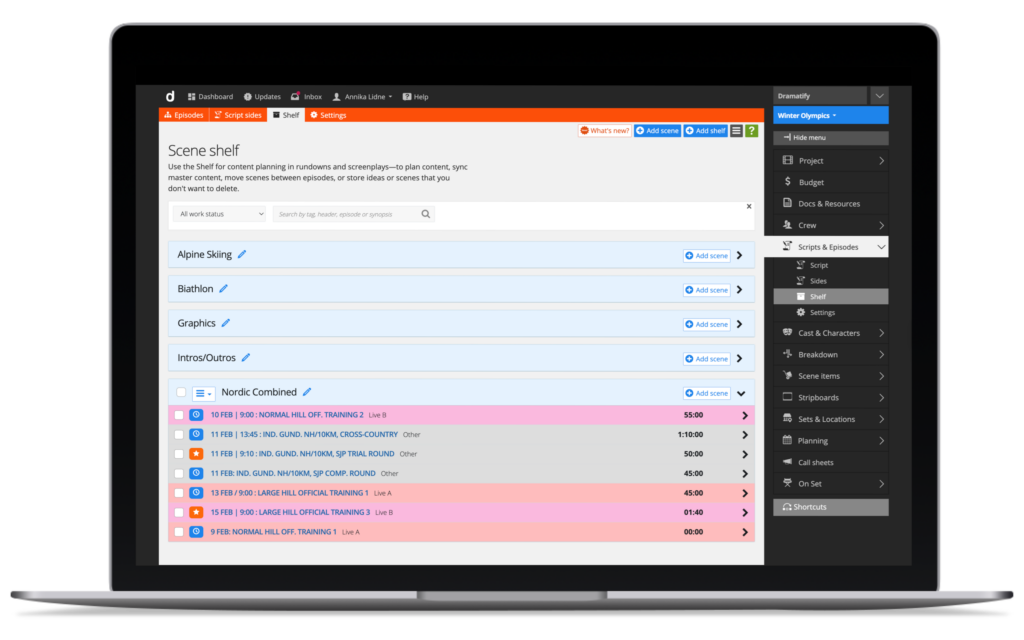Sports production planning software, including the Shelf for content planning