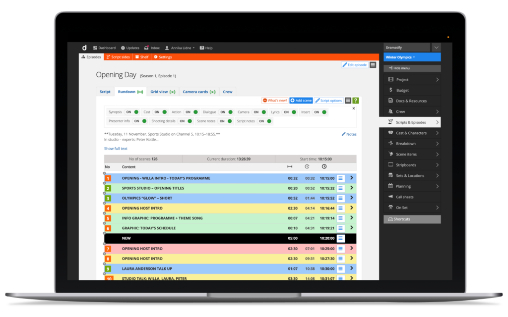 The cloud-based rundown is an essential part of Dramatify's sports production workflow.