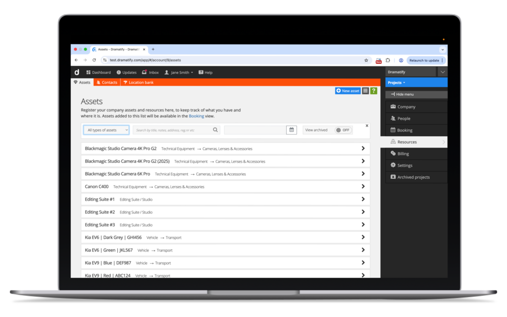 Production asset management software showing a company-wide asset directory with equipment, facilities, and production resources
