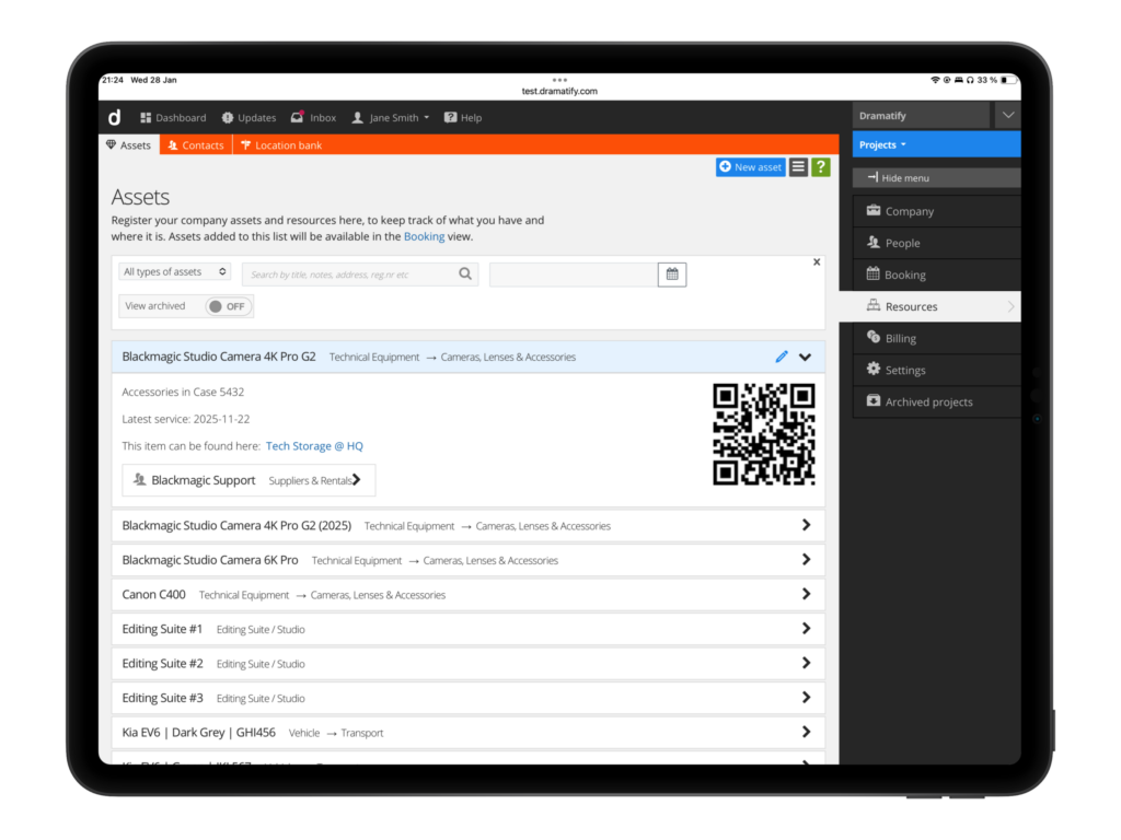 Production asset management software showing a company-wide asset directory with equipment, facilities, and production resources