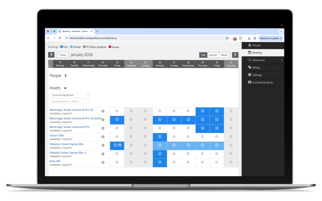 Production equipment booking list showing booked and available assets across multiple productions