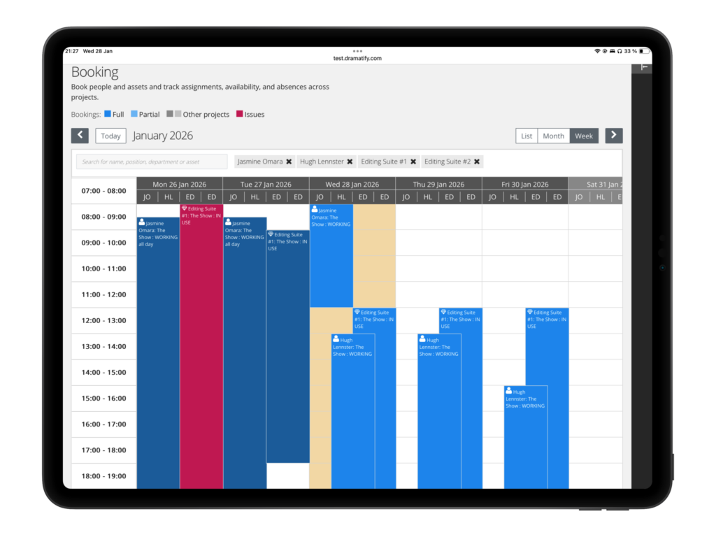 Production asset management software weekly booking view matching people and equipment availability