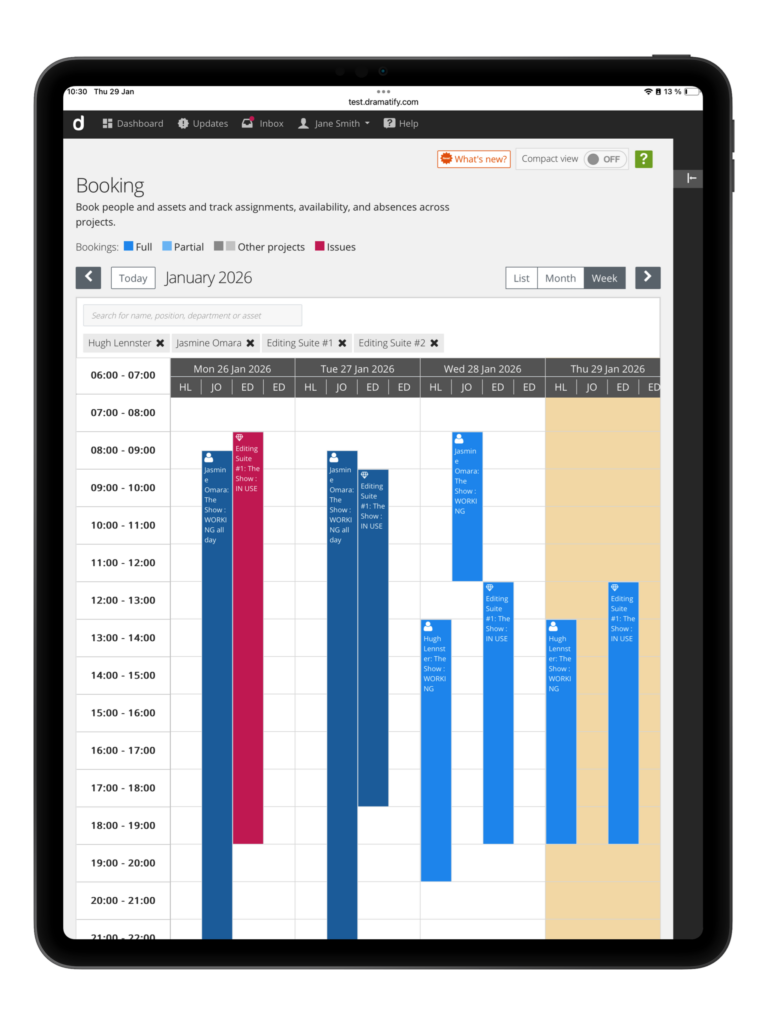 Company-wide equipment booking across productions.