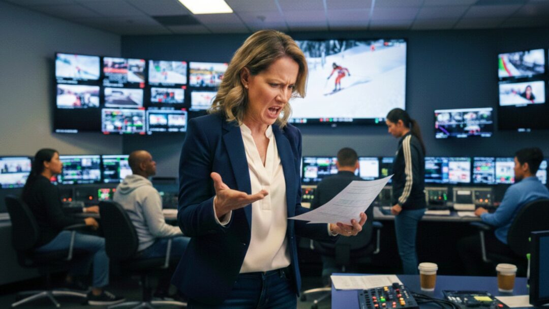 Frustrated sports producer holding printed spreadsheet, illustrating sports production rundowns in a live TV production gallery