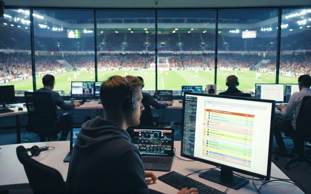 Production gallery during a live sports match using Sports Production Management Software to coordinate rundowns and broadcast teams