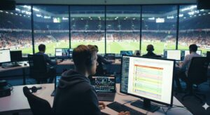 Production gallery during a live sports match using Sports Production Management Software to coordinate rundowns and broadcast teams