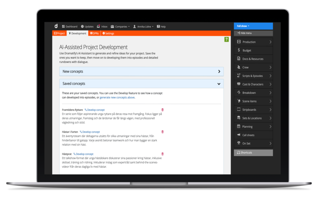Fast concept and format development for TV shows and programs with Dramatify's AI show development tools