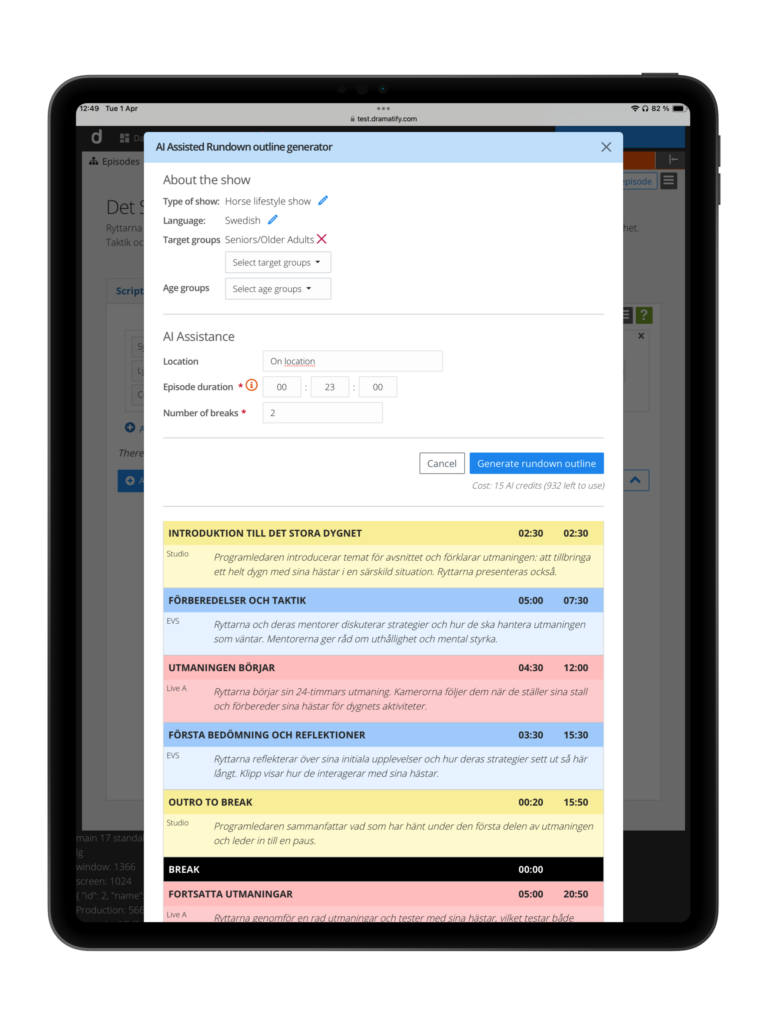 Dramatify's AI show development tools go from ideation to rundown outlines and rundown content.