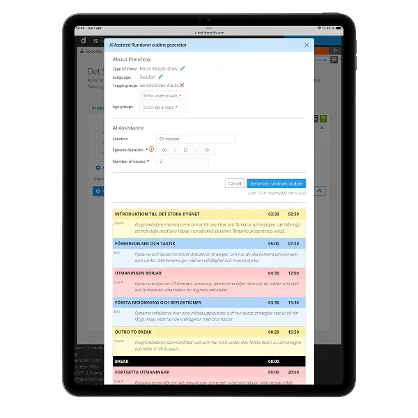 AI TV Show Development rundown outline generator preview on tablet, showing structured segment flow within integrated TV development software.