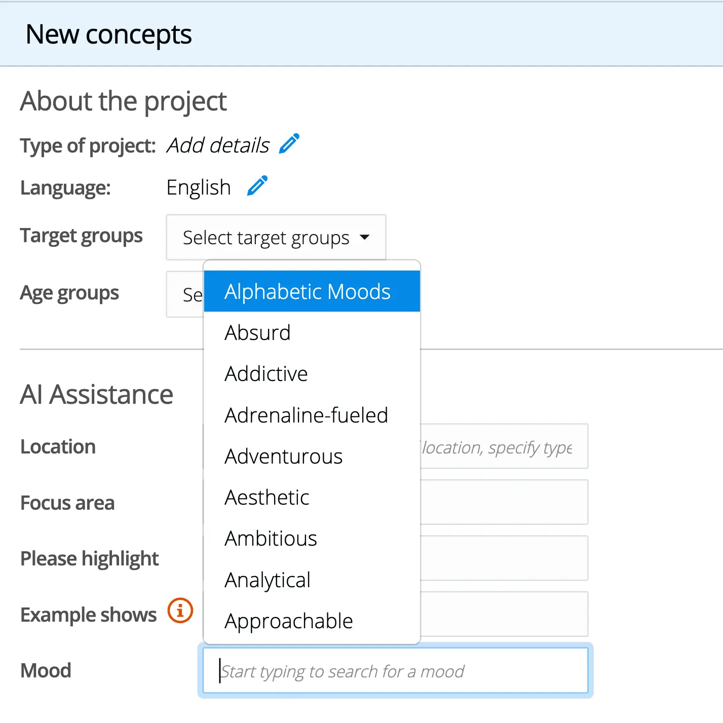 Audience and genre alignment form within AI show development software, defining demographic targets, genre and commissioning slot for format development.