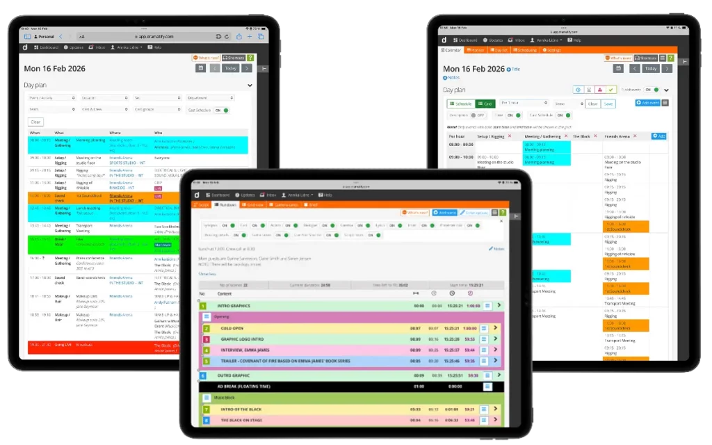 Dramatify interface showing entertainment rundown, entertainment daily schedule and production schedule for a TV show