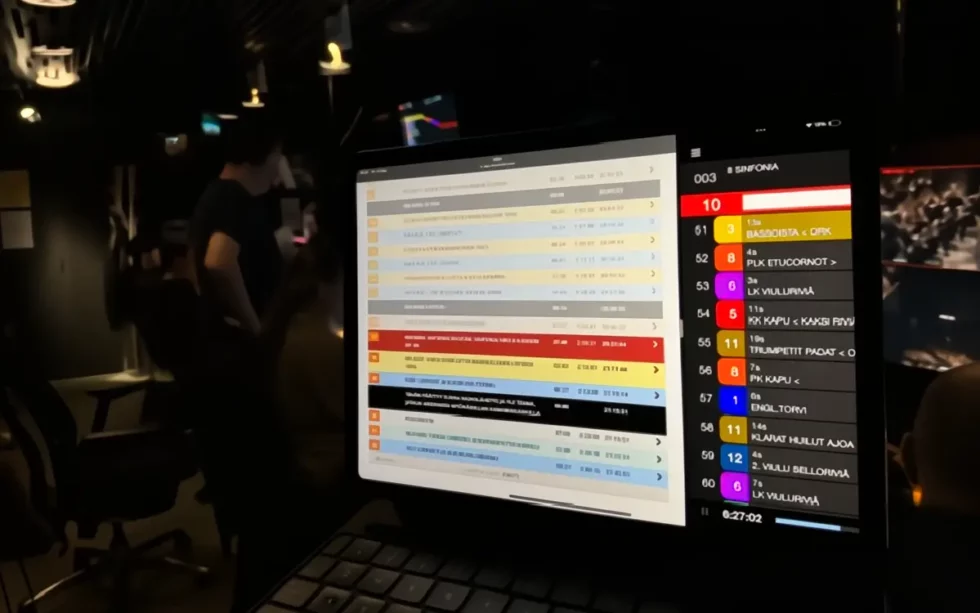Live TV production gallery with Dramatify entertainment rundowns and CuePilot vision mixer used for side-by-side live coordination during broadcast.