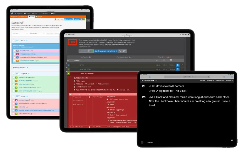 Composite view of the Dramatify Shelf for content planning, the entertainment rundowns and cue cards used to manage content, timing and scripts during live entertainment production.